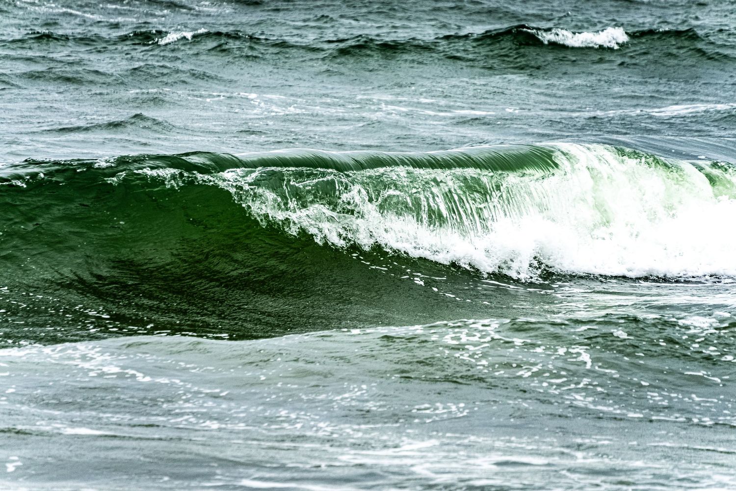 Powerful ocean waves roll and crash with white foam against the deep green-blue waters of the sea.