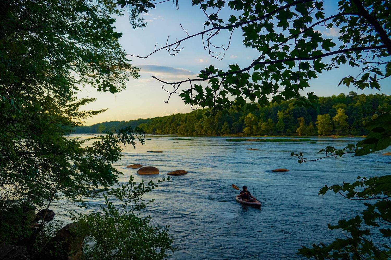 Kayaker paddling on calm river at sunset framed by overhanging tree branches.
