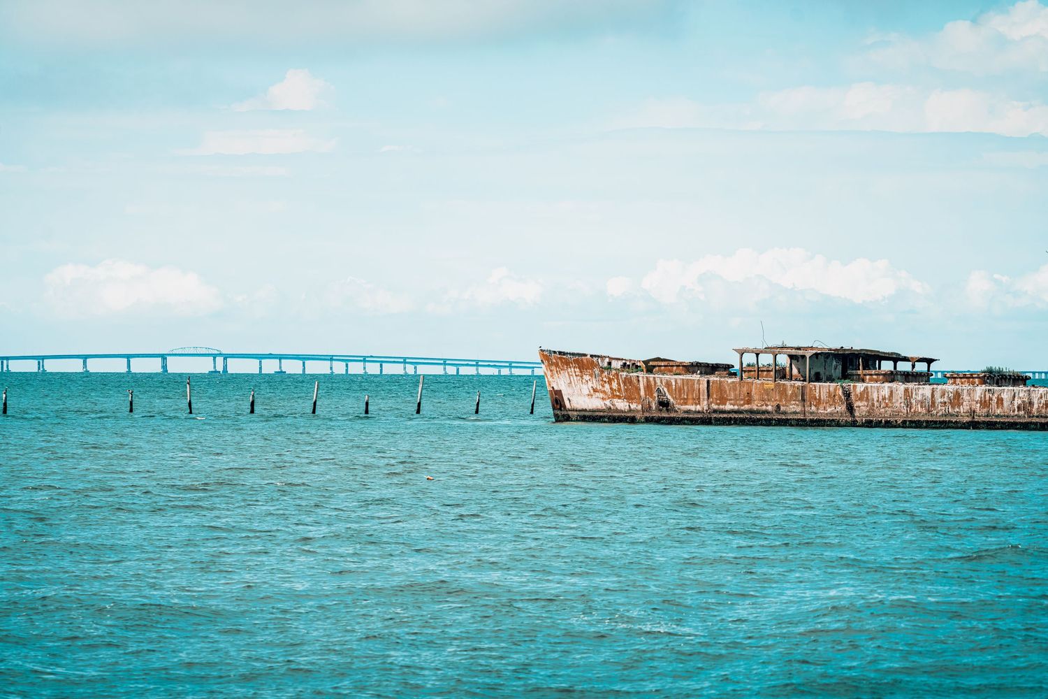 Panoramic view of the old Seven Mile Bridge stretching across turquoise waters in the Florida Keys.