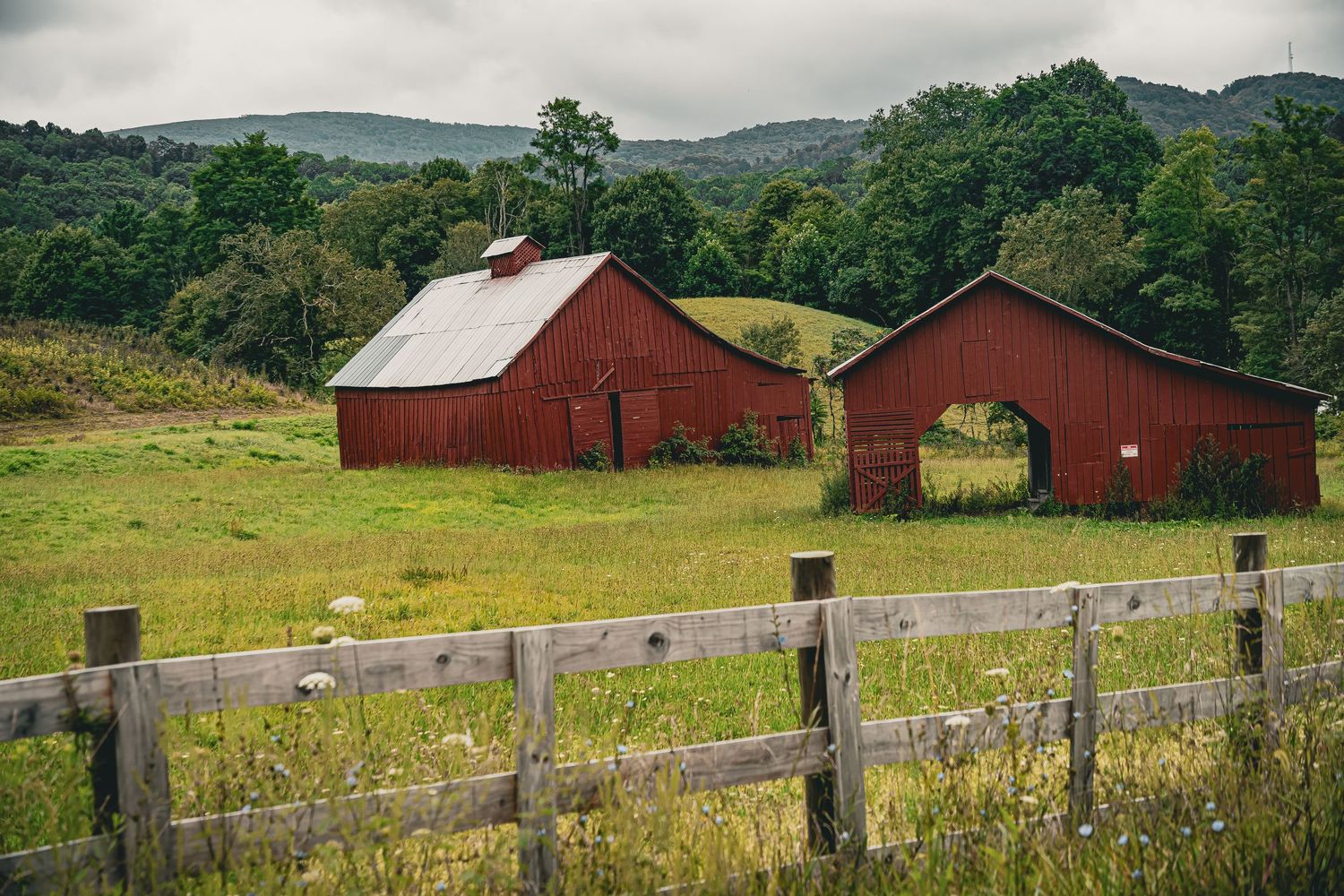 A panoramic view of red barns and wooden fences nestled in rolling green hills under an overcast sky.