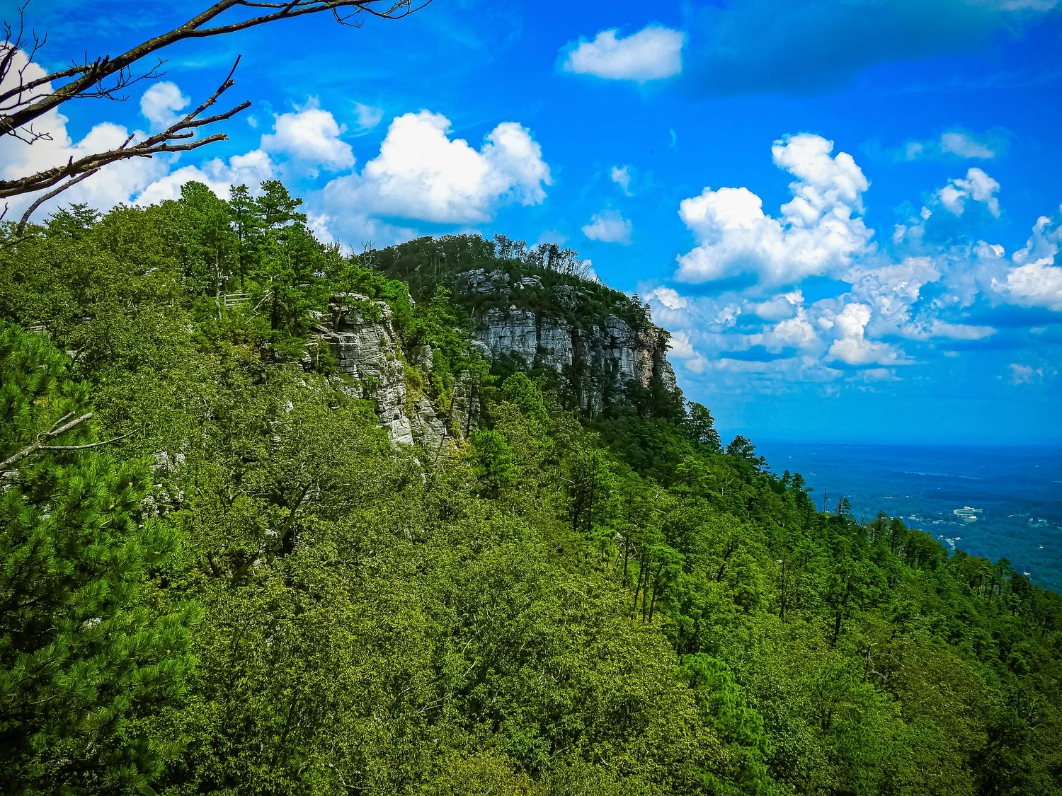 Lush green mountain cliff face rises against bright blue sky with white puffy clouds.
