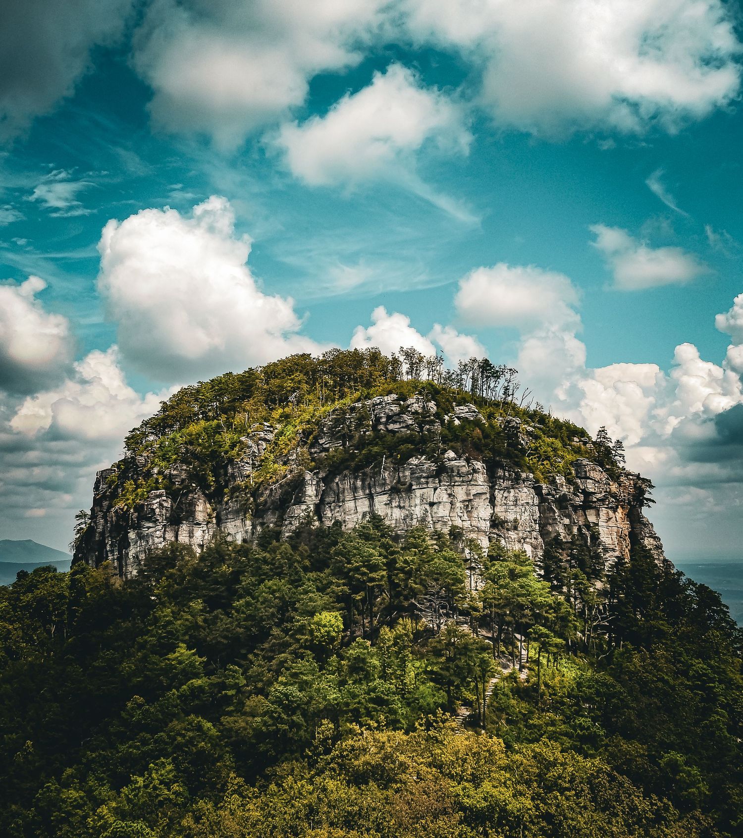 Dramatic rocky mountain peak covered in vegetation rises above the forest landscape.