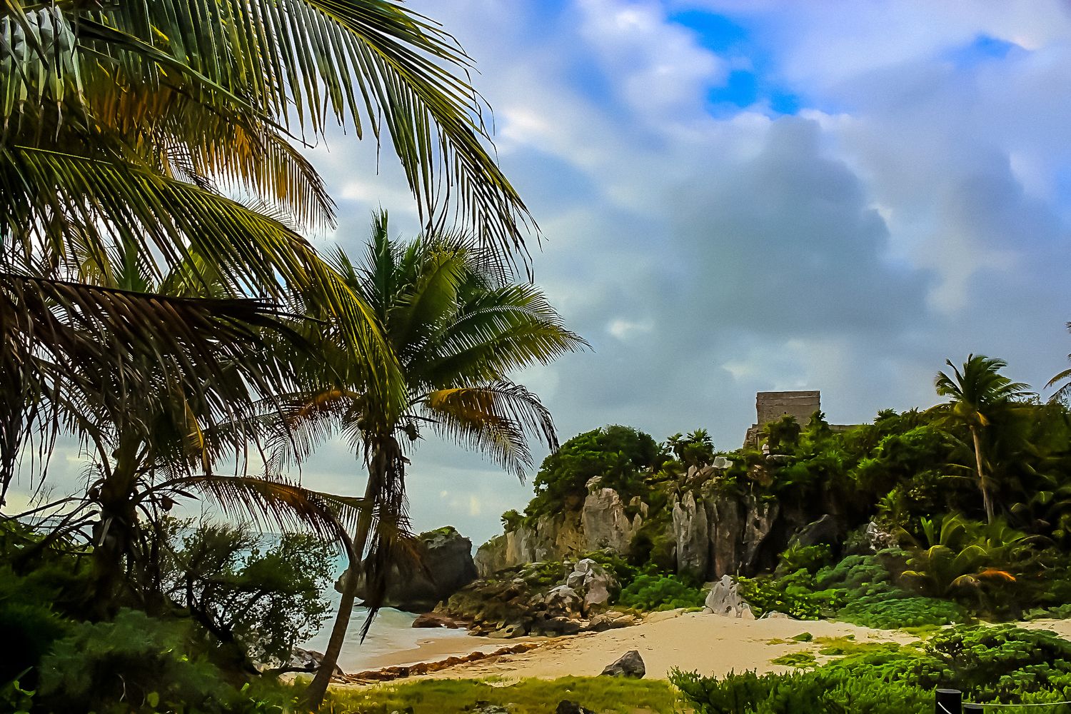 Tropical beach landscape with palm trees and ancient Mayan ruins on a cliff overlooking turquoise waters.