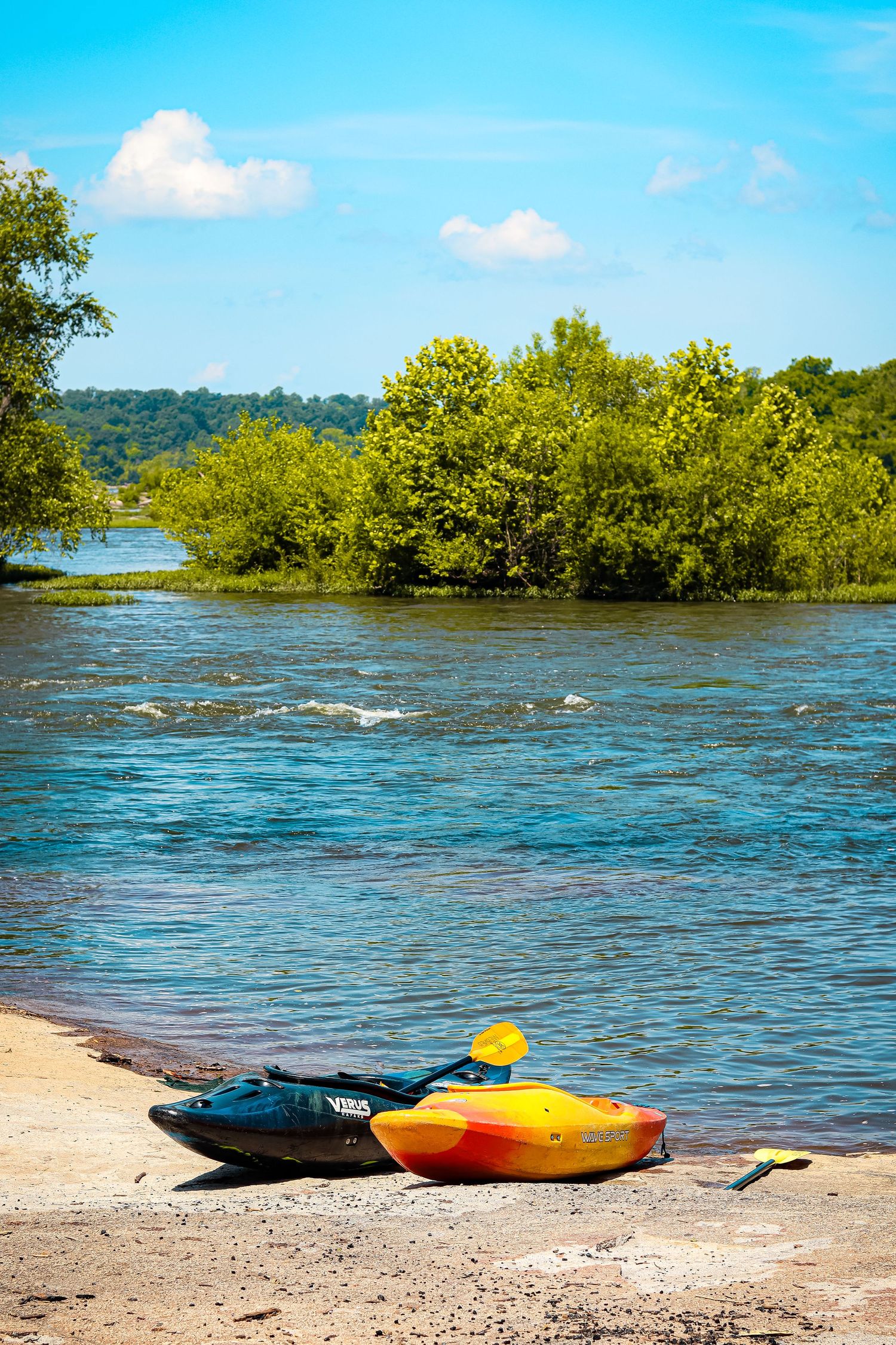 Colorful kayaks on beach beside fast-moving river surrounded by green trees and bushes.