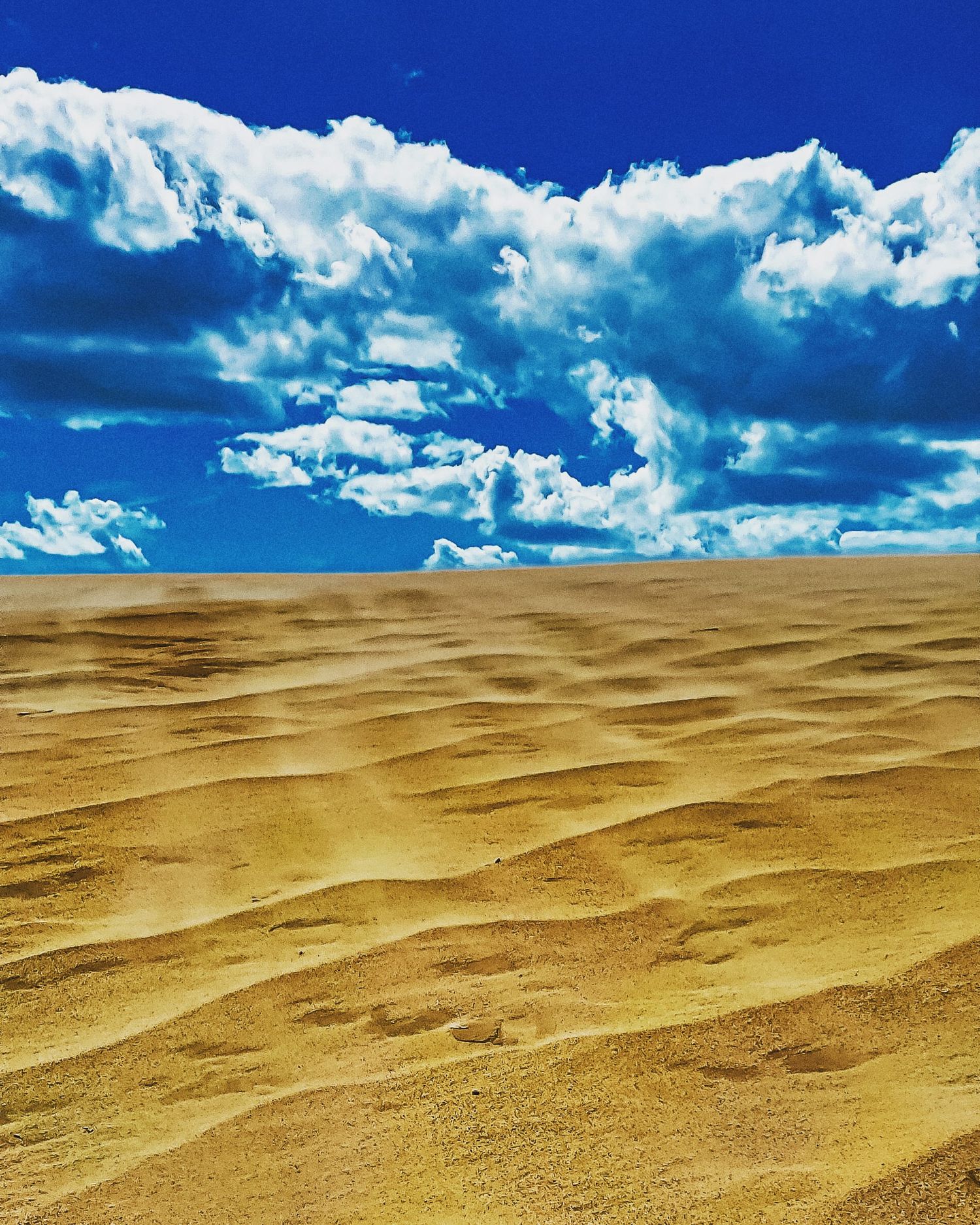 Dramatic blue sky with white clouds over rolling sand dunes in a desert landscape.