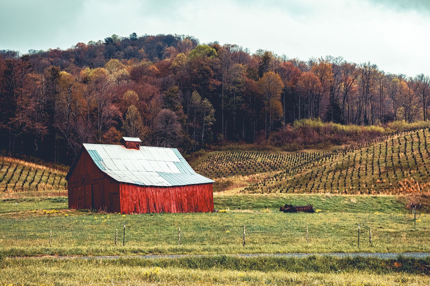 A panoramic view of rolling farmland with red barns and autumn trees stretching across a rural countryside landscape.