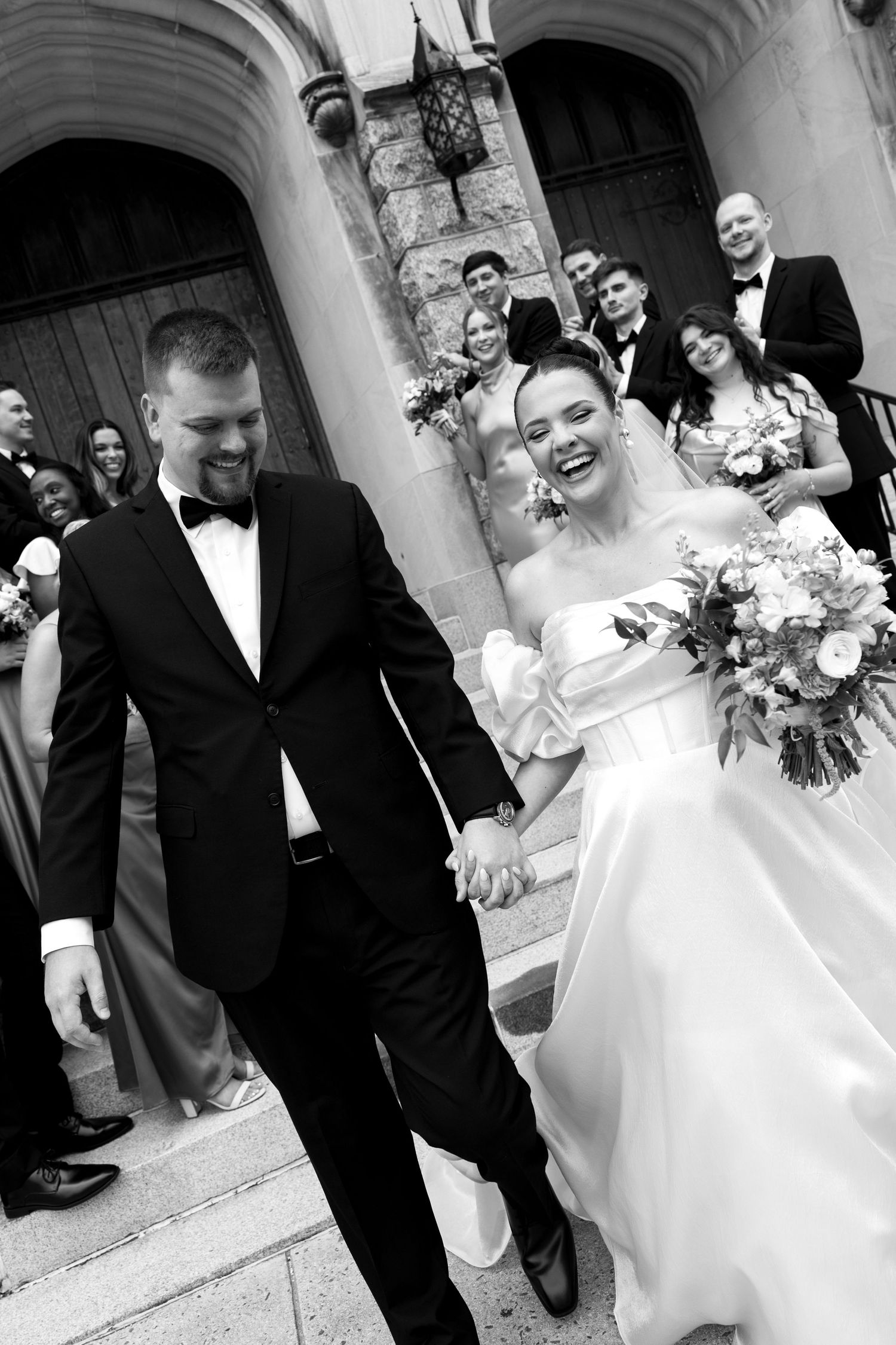 A sequence of black and white wedding photos showing a happy couple walking down church steps after their ceremony.