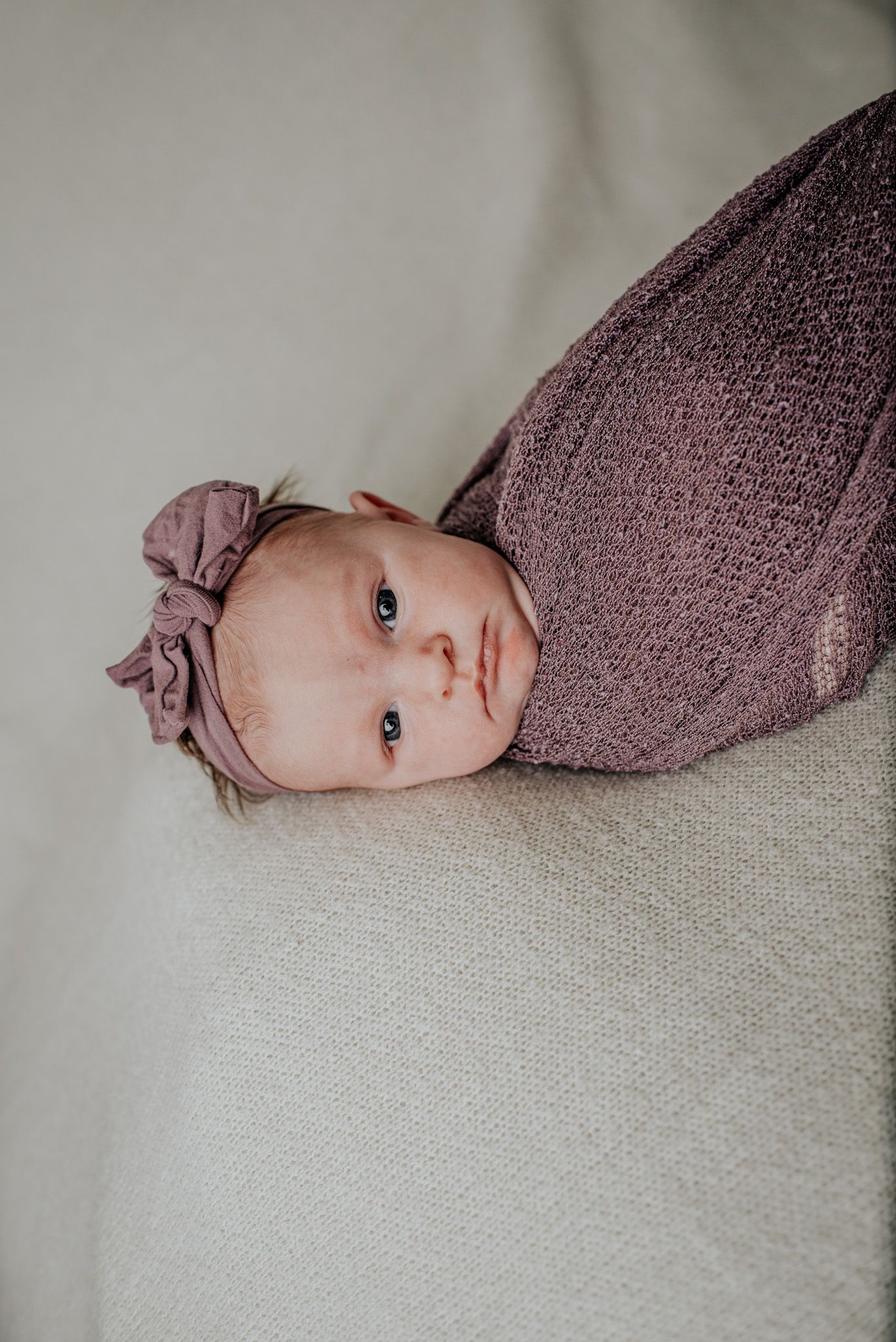 Close-up portrait of a newborn wrapped in purple swaddle against light background.