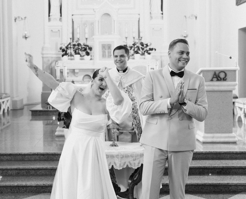 A series of black and white wedding photos showing joyful moments between a couple during their celebration.