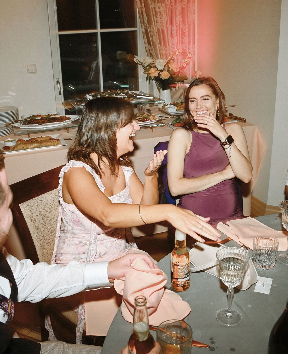 A sequence of party photos showing friends laughing and celebrating with drinks in an indoor setting with pink lighting.