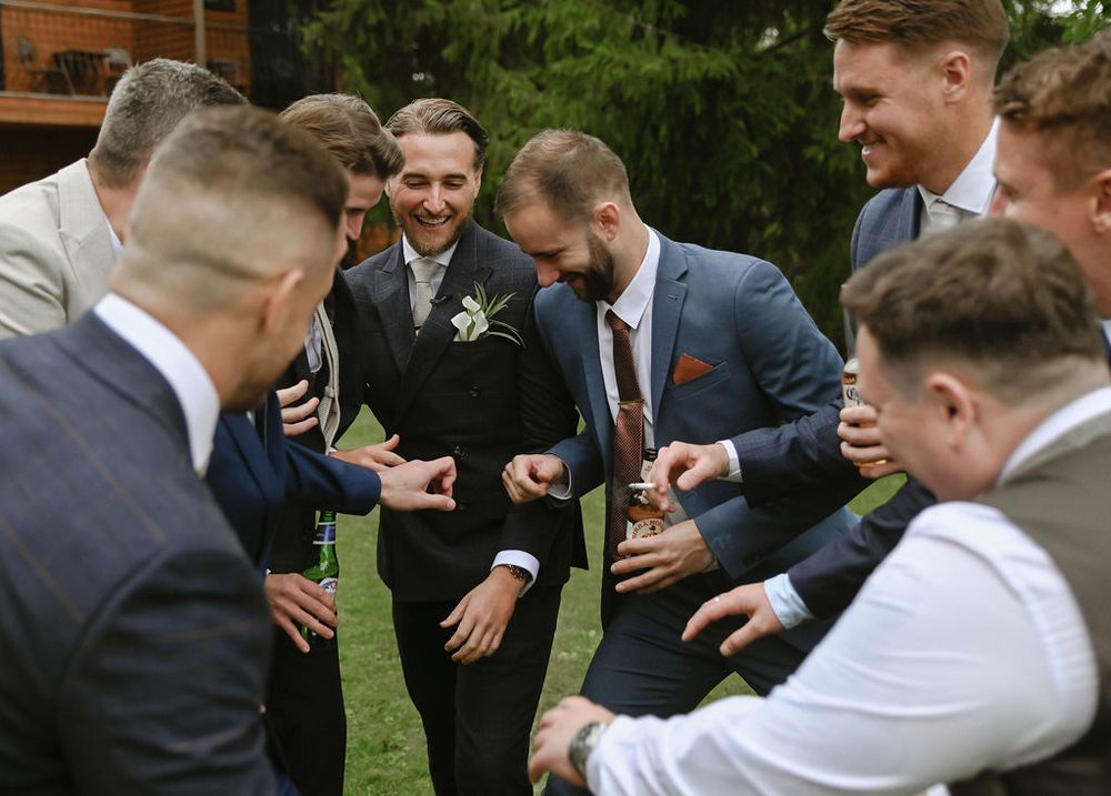 A sequence of photos showing groomsmen laughing and celebrating joyfully at an outdoor wedding reception.