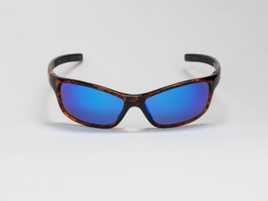 Front view of brown tortoiseshell sunglasses with blue reflective lenses. Luxury product photography.