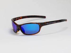 Sports sunglasses with tortoise shell frames and bright blue mirrored lenses on white background. Luxury product photography.