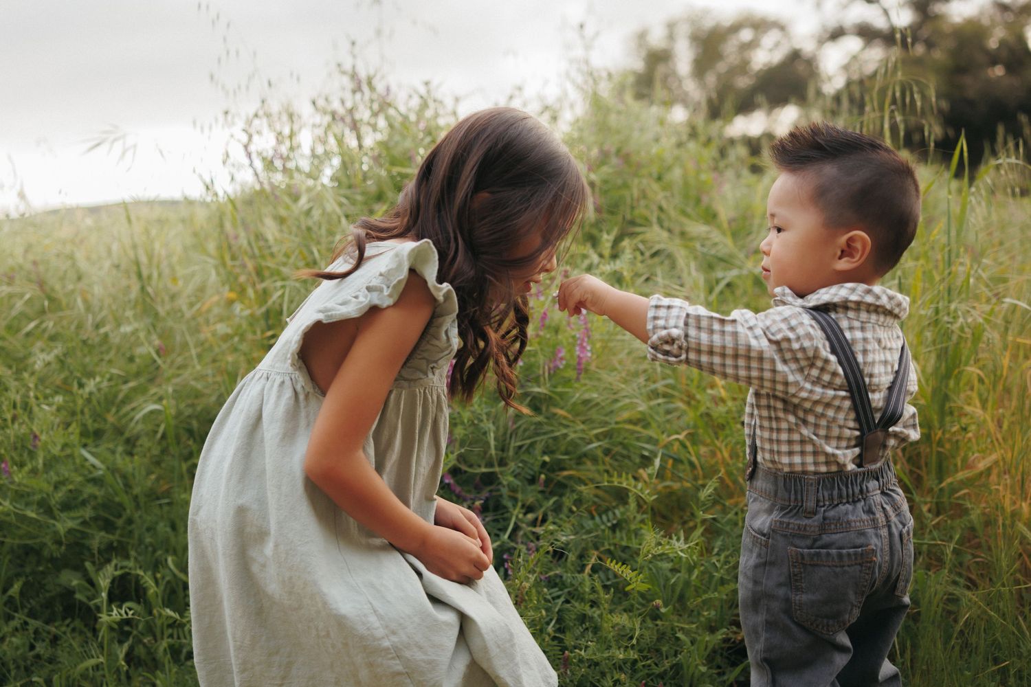Two young children playing in a lush green meadow, a girl in a white dress and a boy in suspenders touching her nose.