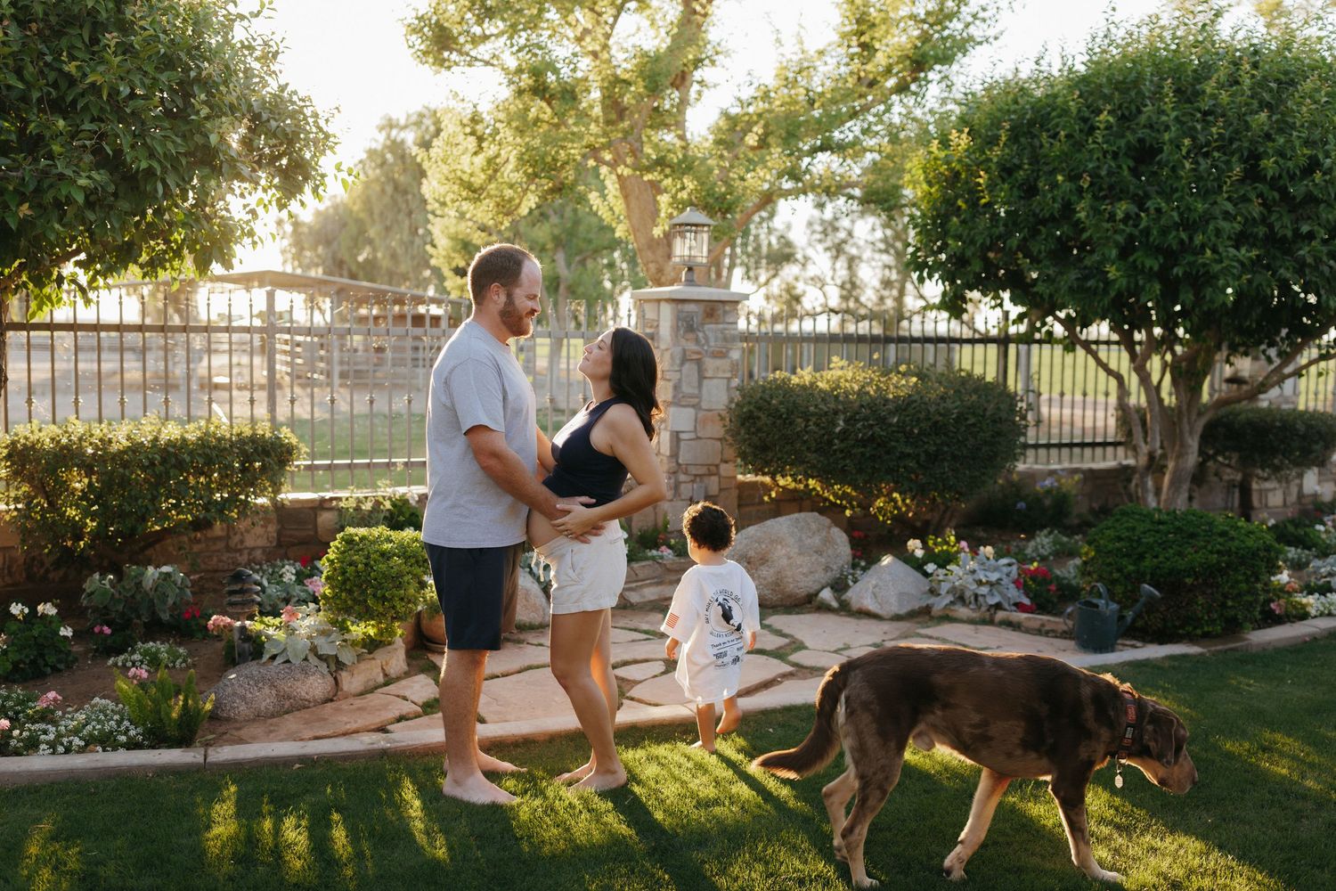 A family with a young child and large dog enjoy a sunny day in a beautifully landscaped backyard garden.
