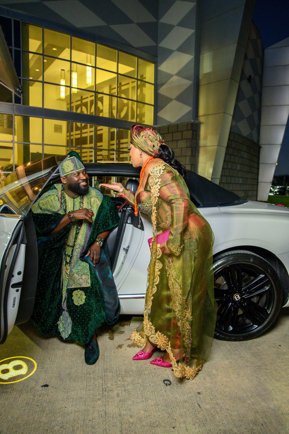 A sequence of photos showing a couple in traditional Nigerian wedding attire posing beside luxury cars at night.