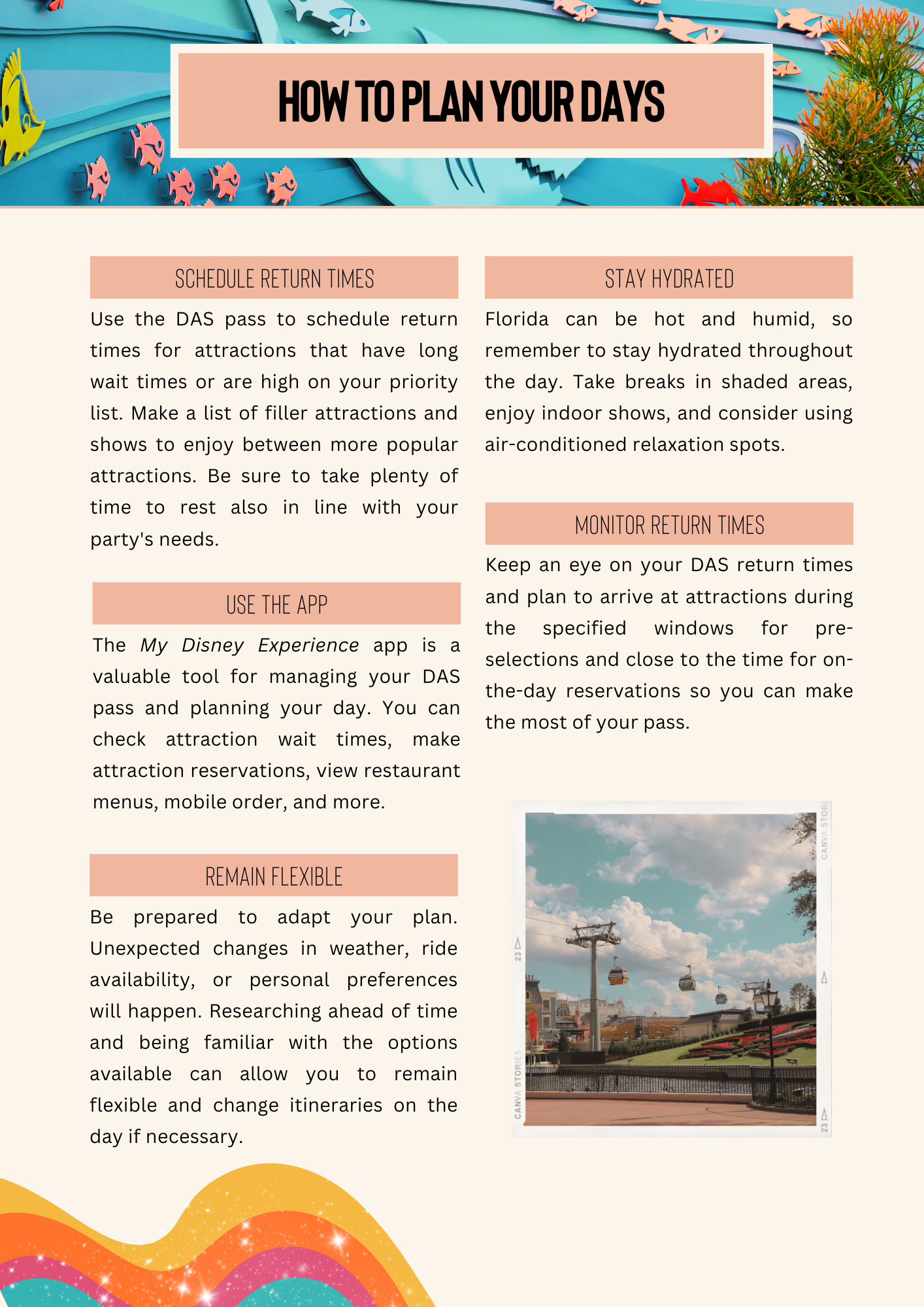 Infographic showing how to plan Disney park visits with tips on using the Disney Experience app and managing park time.