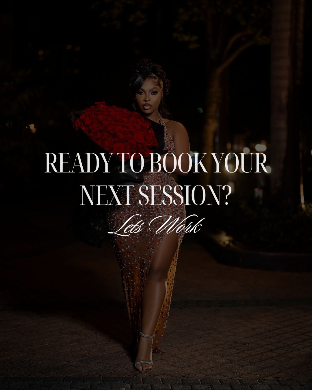 Elegant evening photography promotion with white text overlay against dark background featuring glamorous fashion.