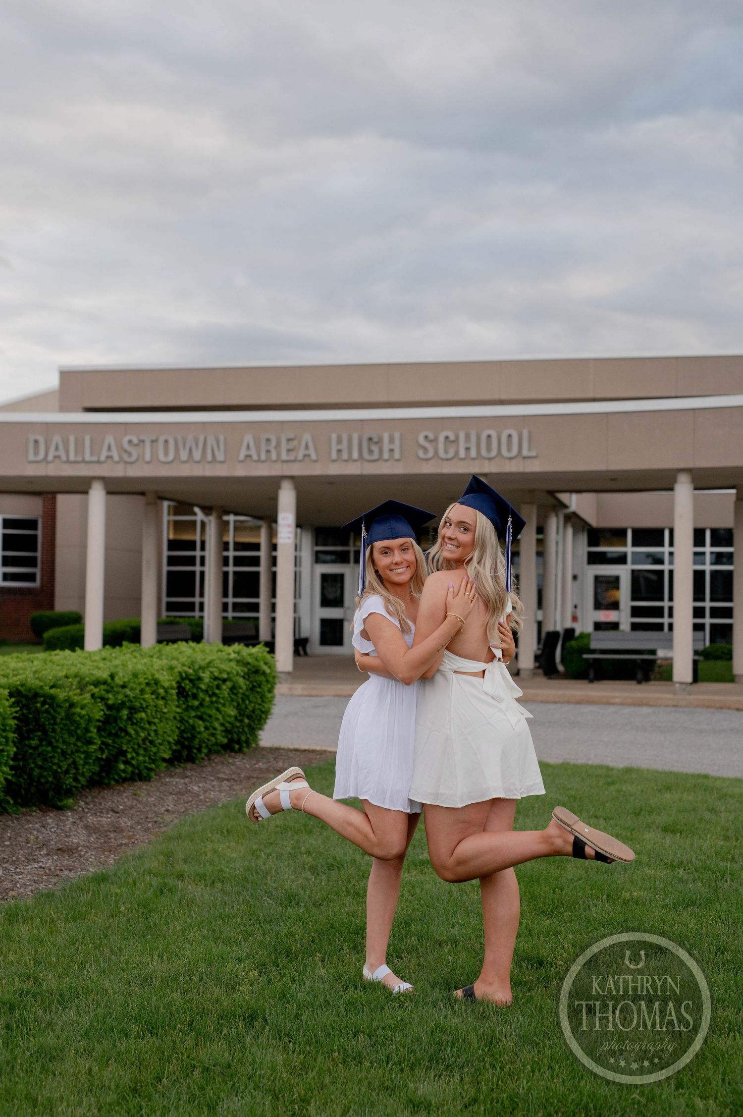 Three artistic lifestyle photos of a graduate in white dress outside Dallastown Area High School on graduation day.