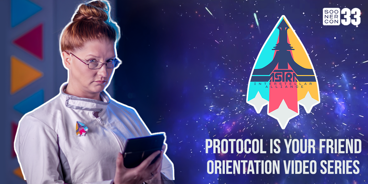 Business casual professional using a mobile device with colorful triangular logo and glowing space background.