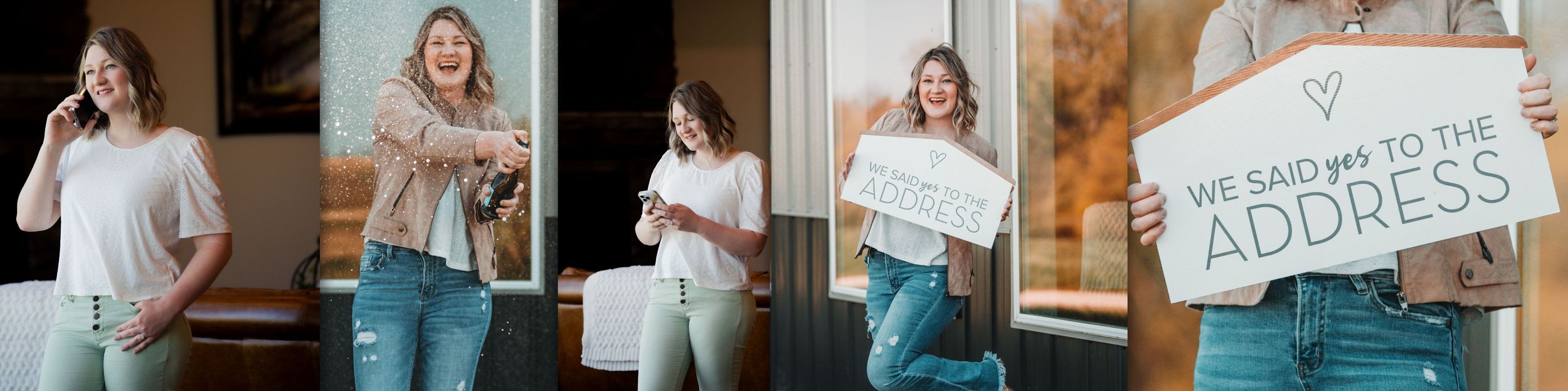 A series of photos showing someone in jeans and light top standing with a sign by a house doorway.