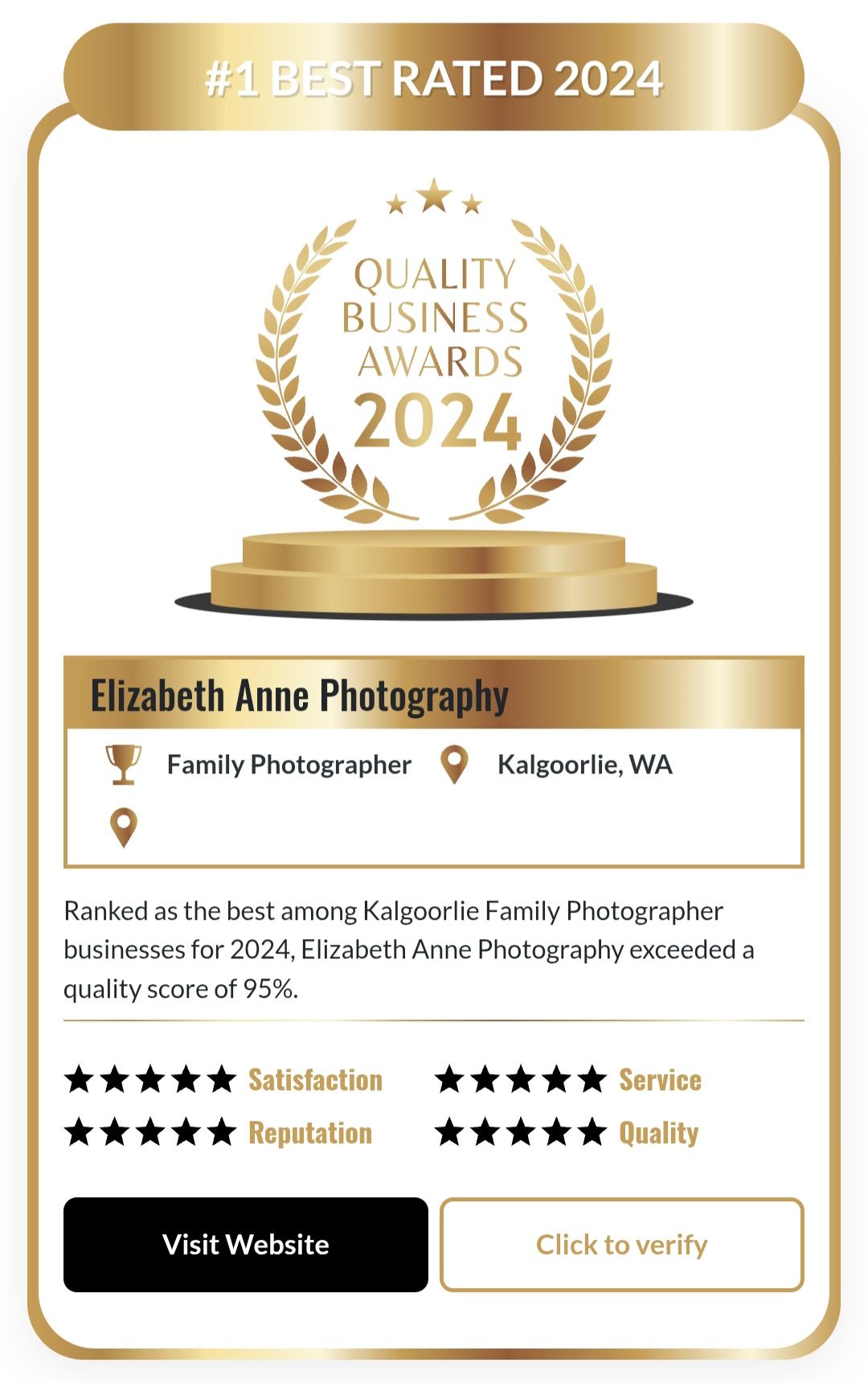 Gold award badge and photographer rating display showing positive reviews and ratings for photo services.