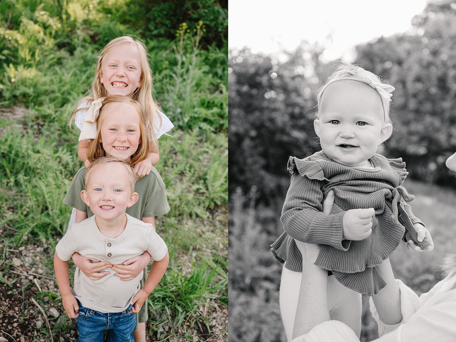 Cheerful children stacked together in a playful pose outdoors alongside a black and white portrait of a young child.