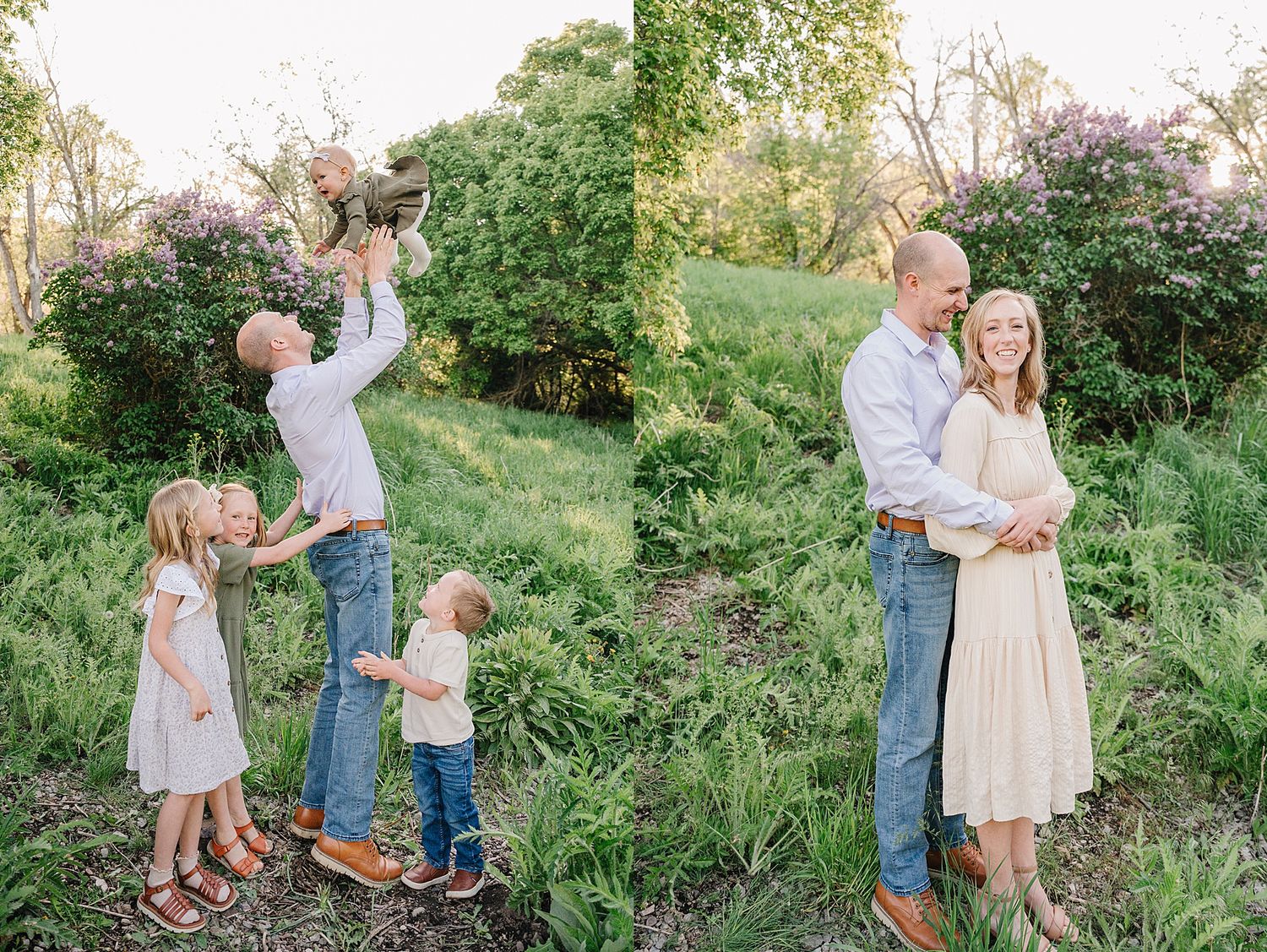 A family embracing outdoors in a lush green garden setting during a sunset photo session.