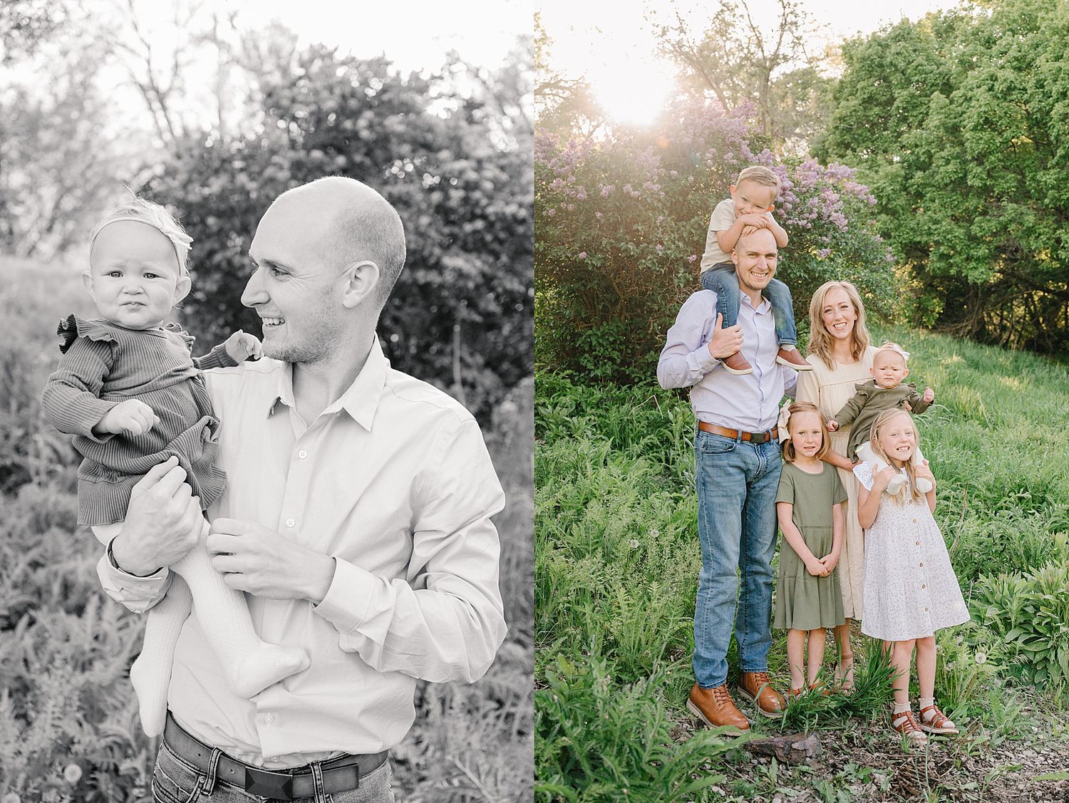 Side by side portraits taken outdoors in a garden setting with natural sunlight and green foliage in the background.