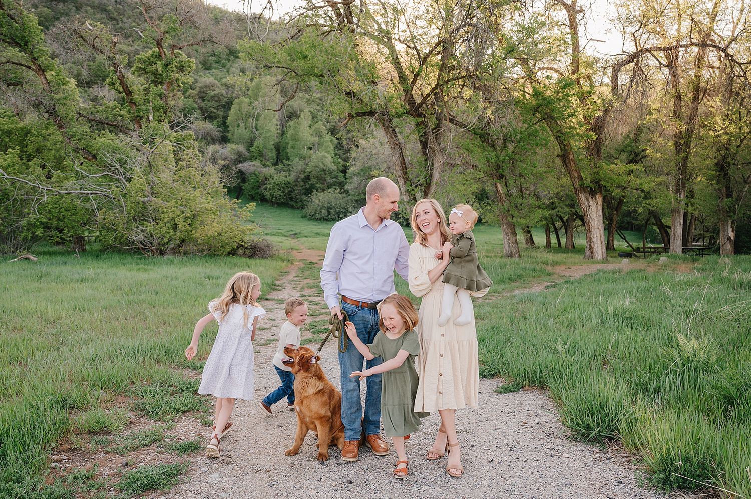 Family and their dogs walking together on a dirt path surrounded by lush greenery at sunset.