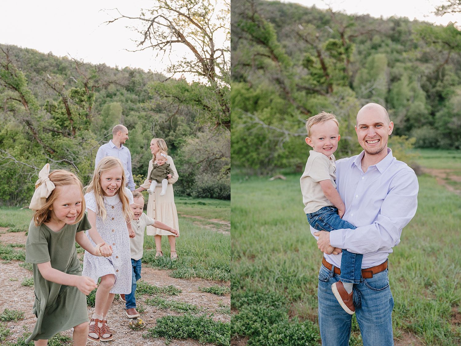 Two outdoor family portraits show playful moments captured against a scenic natural backdrop in warm evening light.