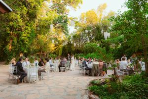 Outdoor garden wedding reception with round tables set under lush green trees during golden hour lighting.