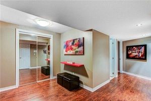 Finished basement foyer/hallway with laminate floors, sliding mirrored closet doors, and modern wall decor.