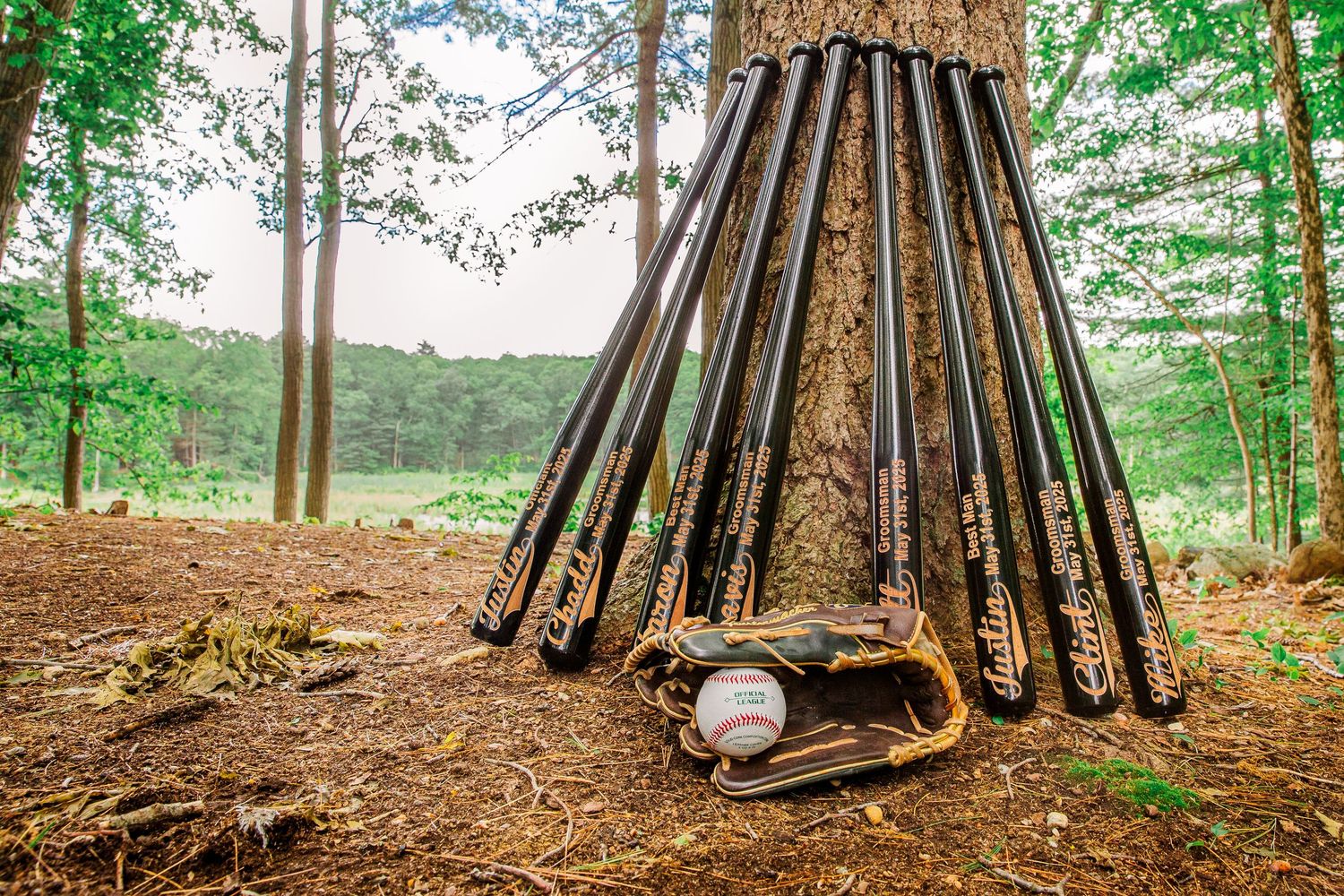 Baseball equipment featuring baseball bats arranged in a teepee formation with a glove and ball on the forest ground.