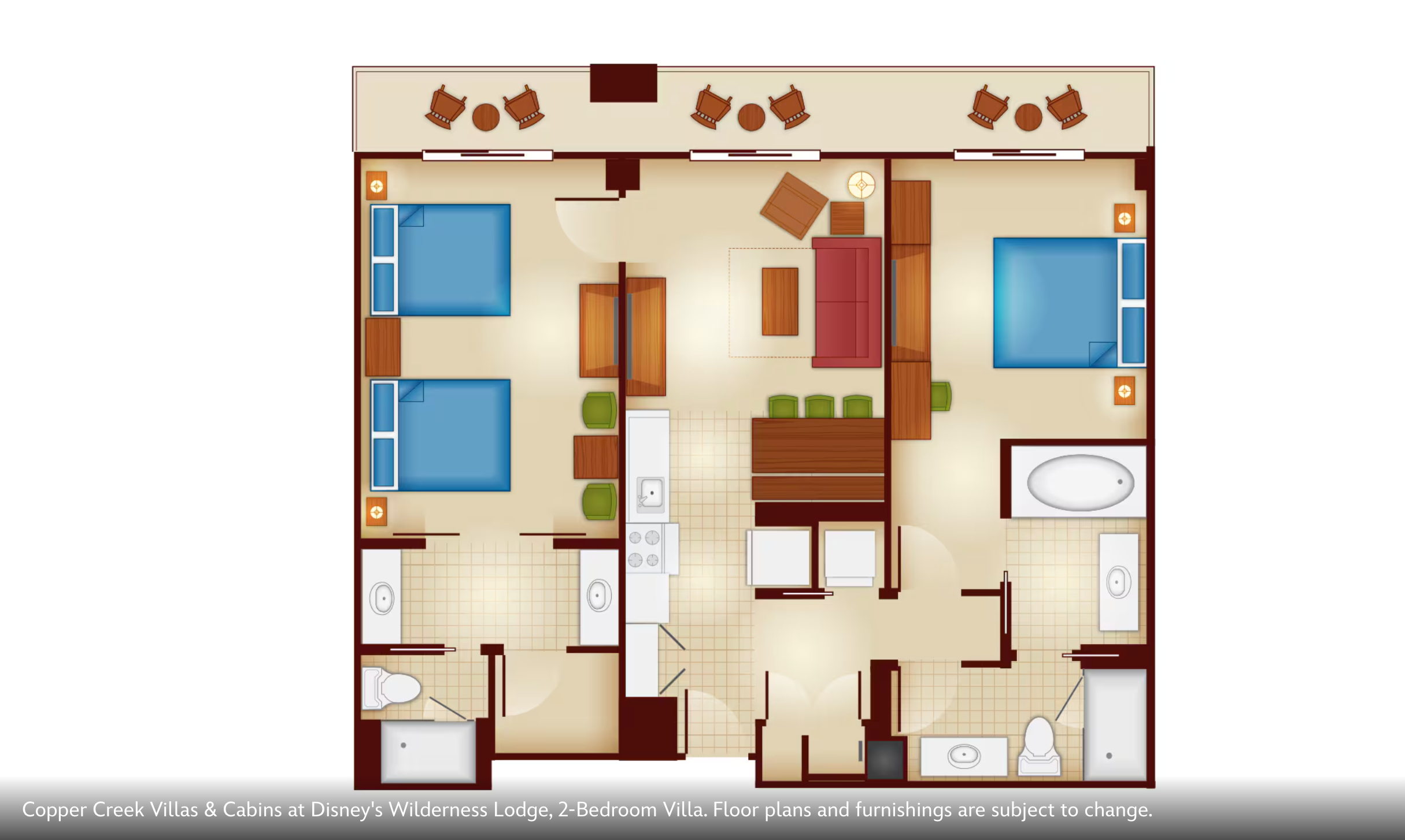 Two-bedroom villa floor plan showing living space, bedrooms and multiple bathrooms.