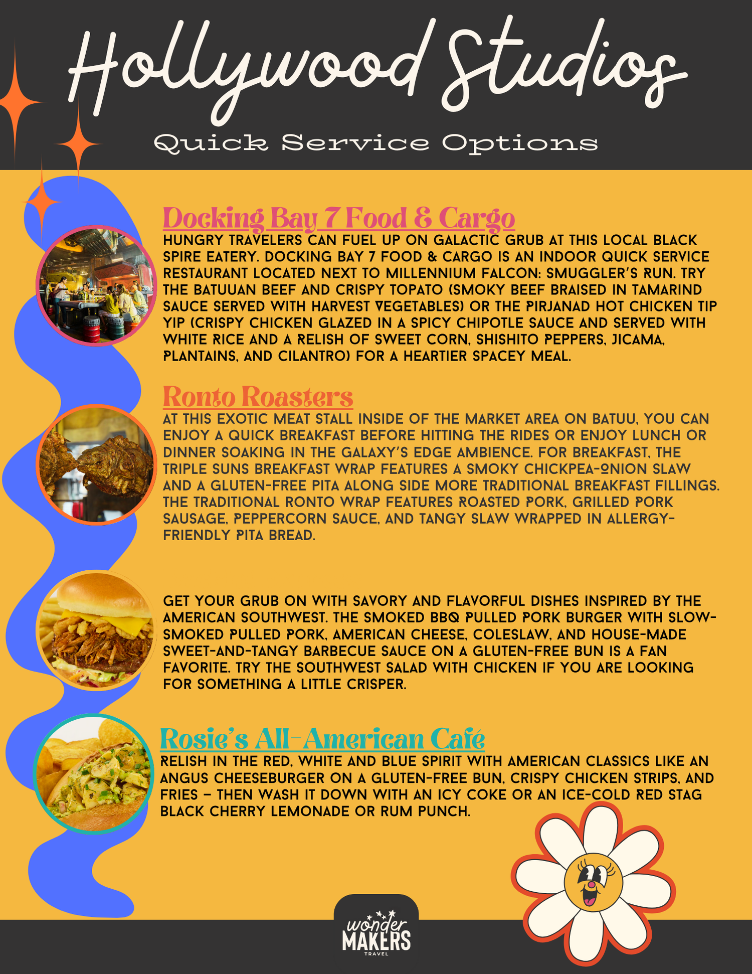 Quick service menu for Hollywood Studios featuring Docking Bay 7 and Ronto Roasters dining options.