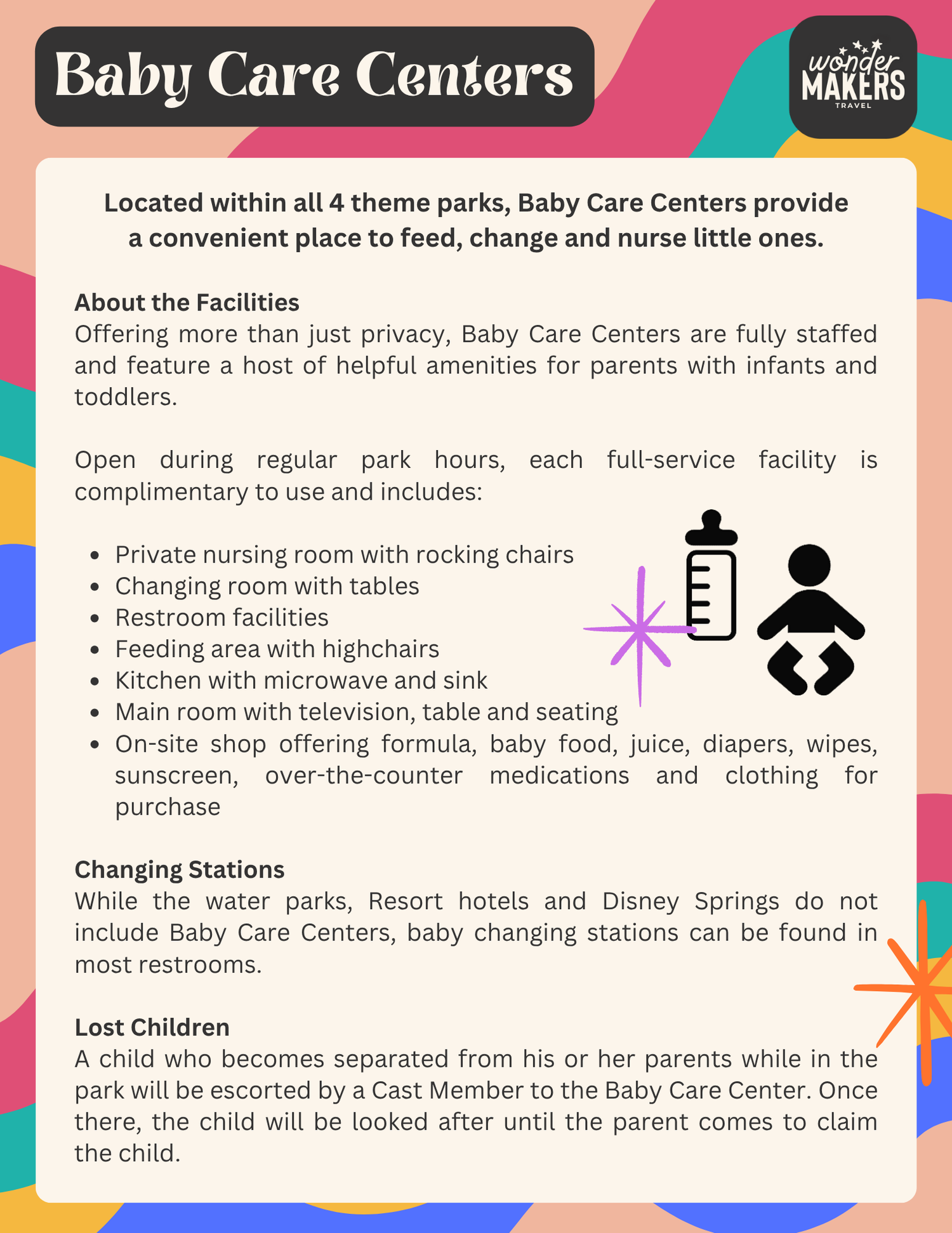 Infographic detailing Baby Care Center facilities and amenities at Disney parks for families with infants.