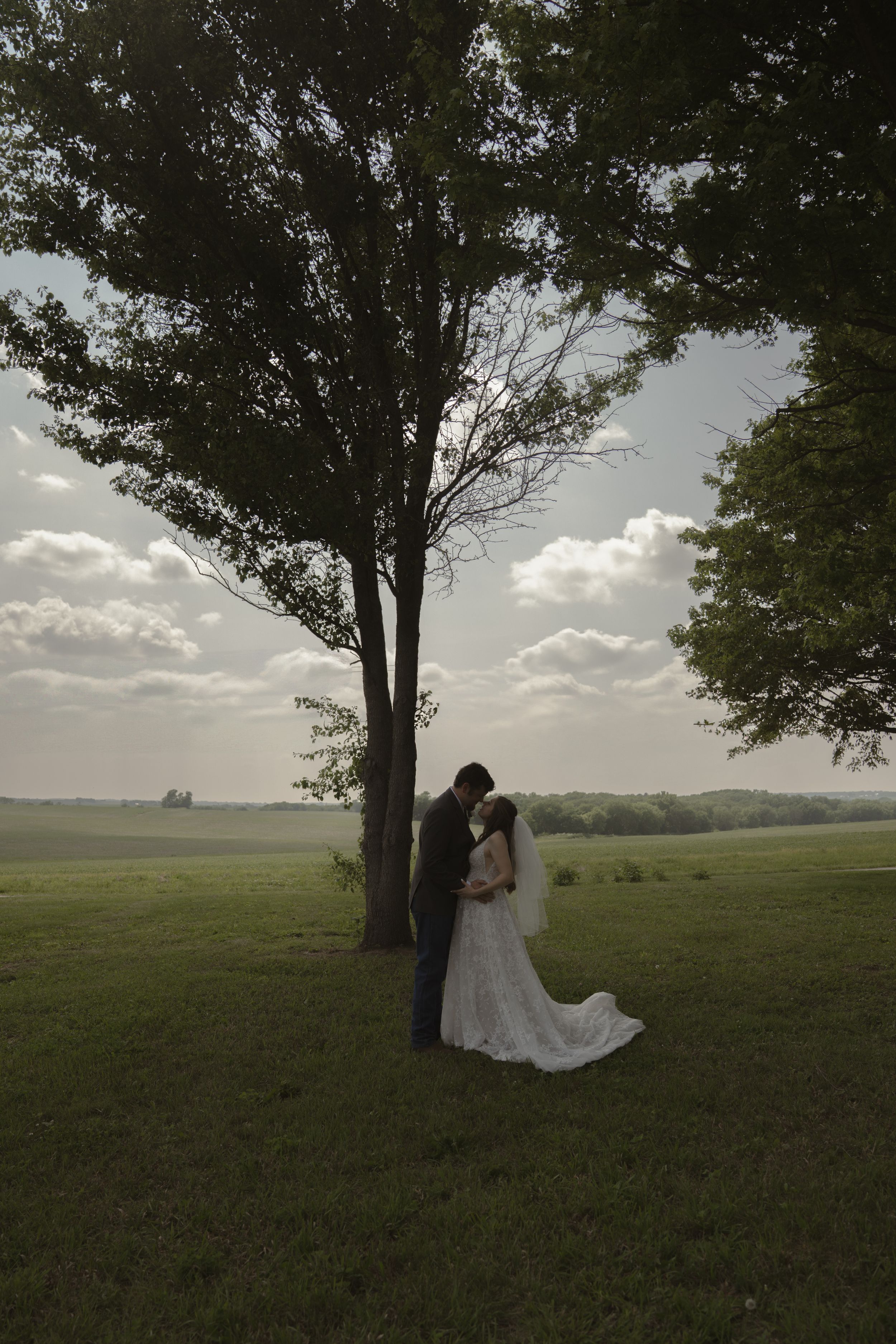 A couple shares an intimate moment under a tree in a vast countryside setting.