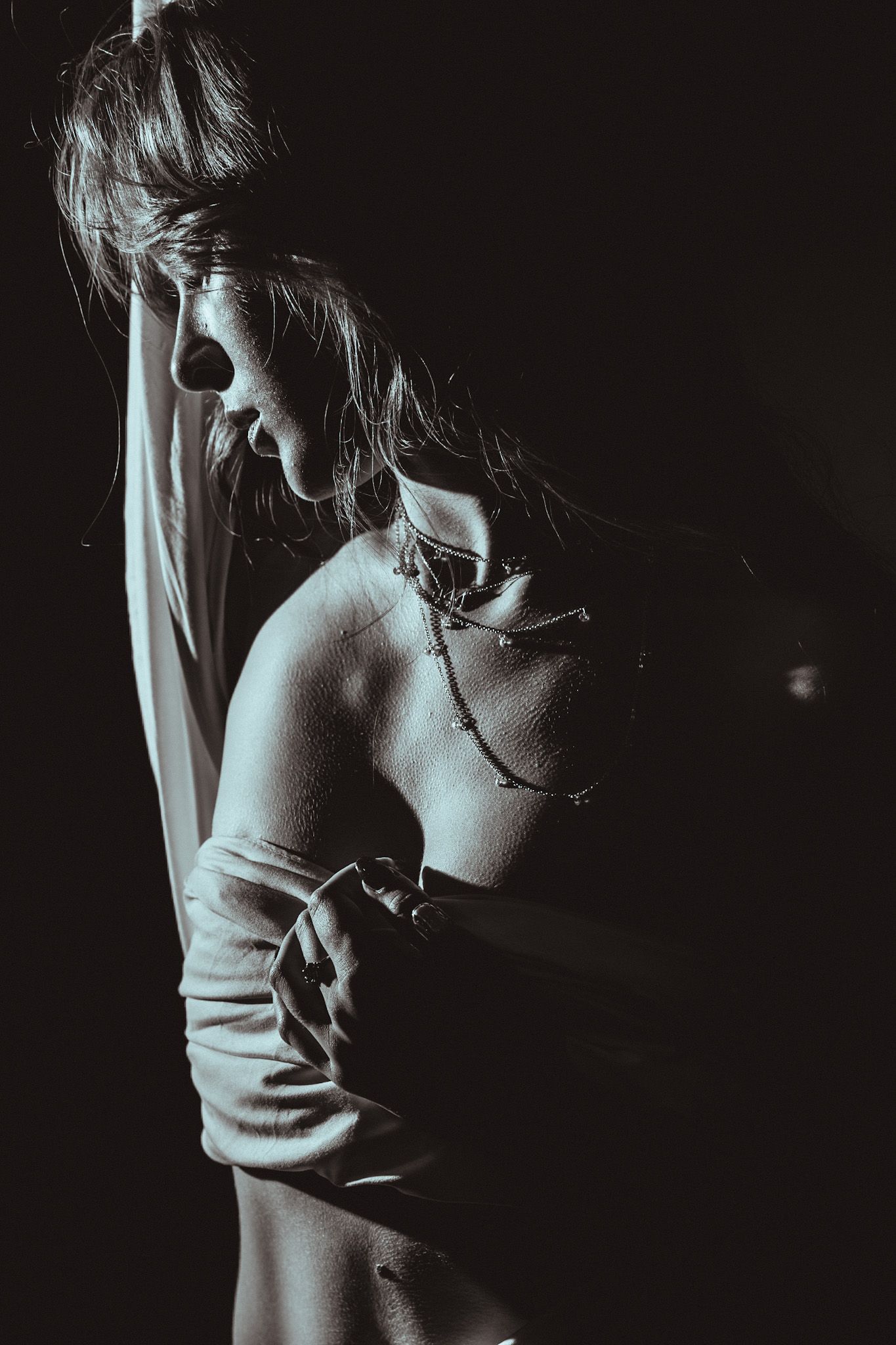 Dramatic black and white portrait featuring a silhouetted figure in an off-shoulder top against dark background.