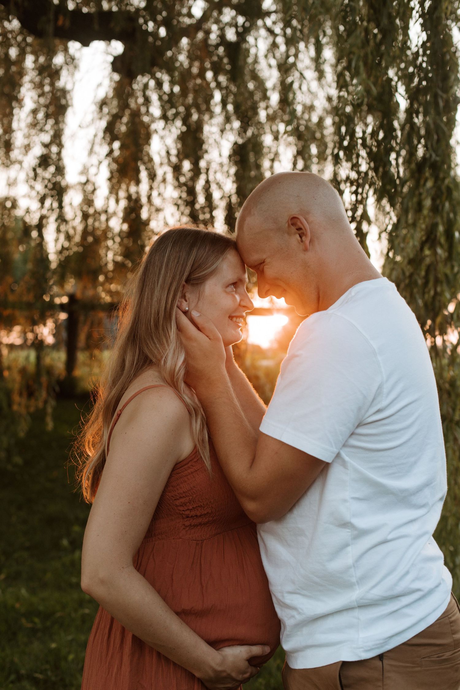 A romantic sunset moment shared between an expecting couple beneath a weeping willow tree.