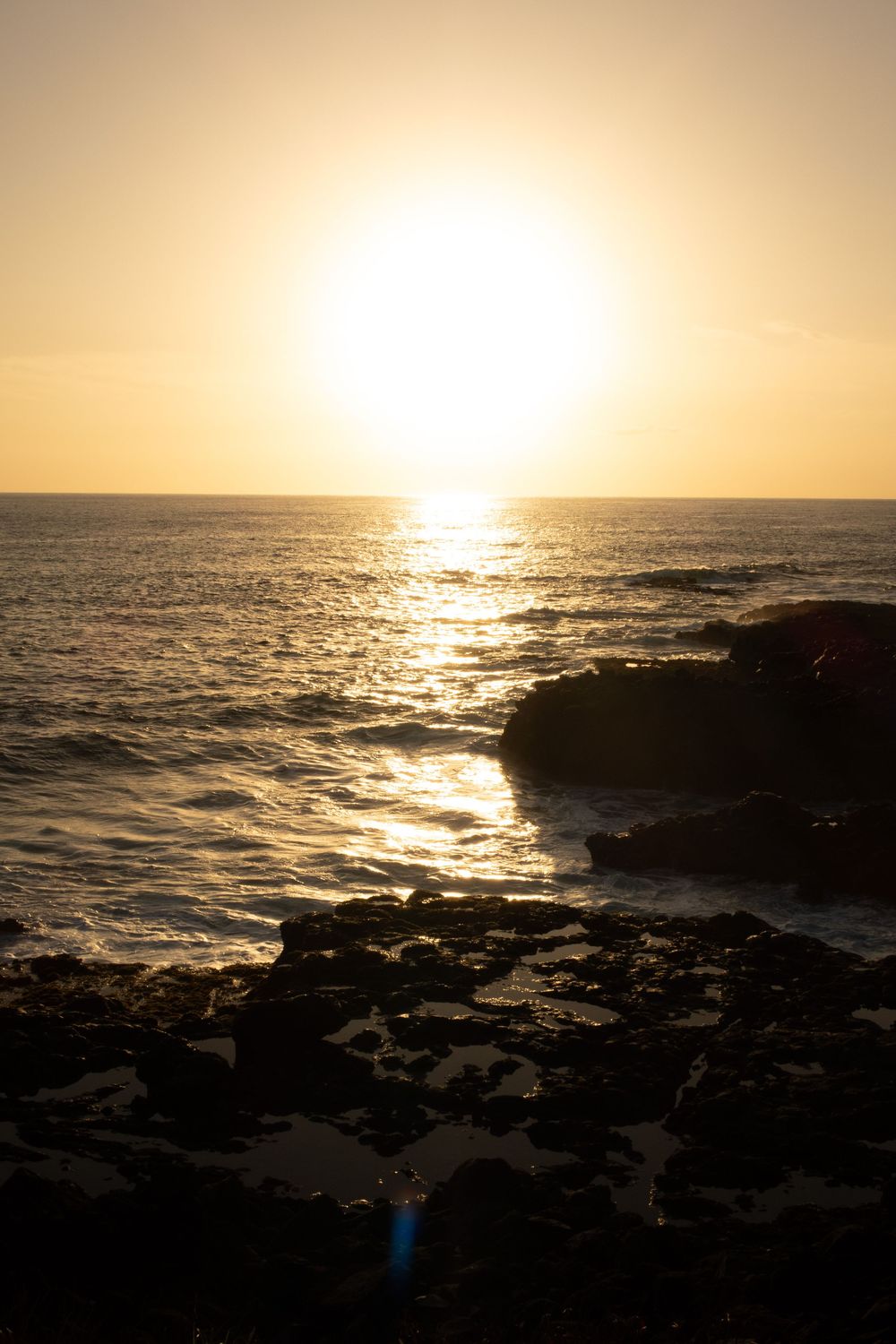 Golden sun silhouettes rocky coastal cliffs at sunset as waves crash against dark volcanic rocks on ocean shore.