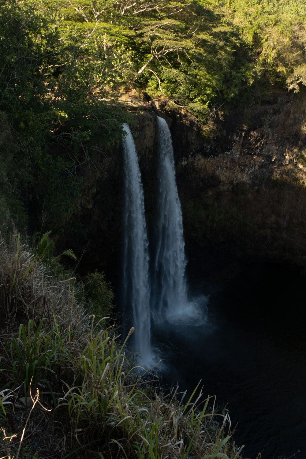Dramatic double waterfall cascading down a lush cliff face surrounded by tropical vegetation in Hawaii.