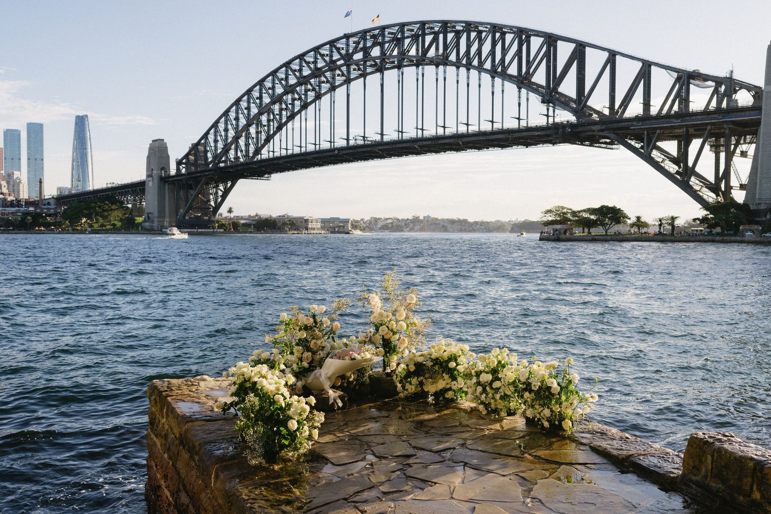 Sunset proposal scene with roses and waterfront backdrop.