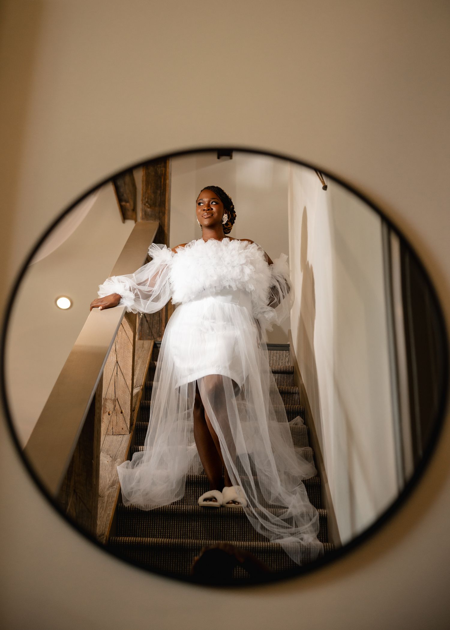 Artistic sepia-toned oval frames show a flowing white dress and veil in motion against a vintage backdrop.