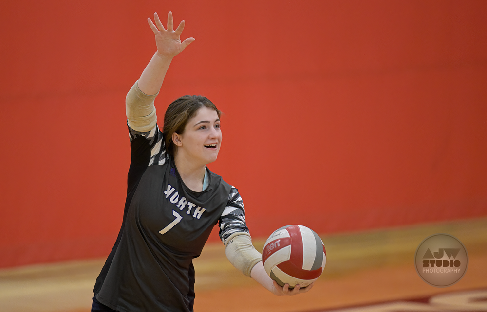 Volleyball player in black jersey about to serve the ball against a red wall background.