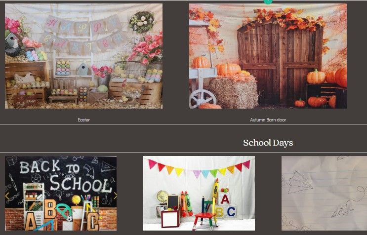 Collection of photography backdrops with floral, autumn, and back to school themes.