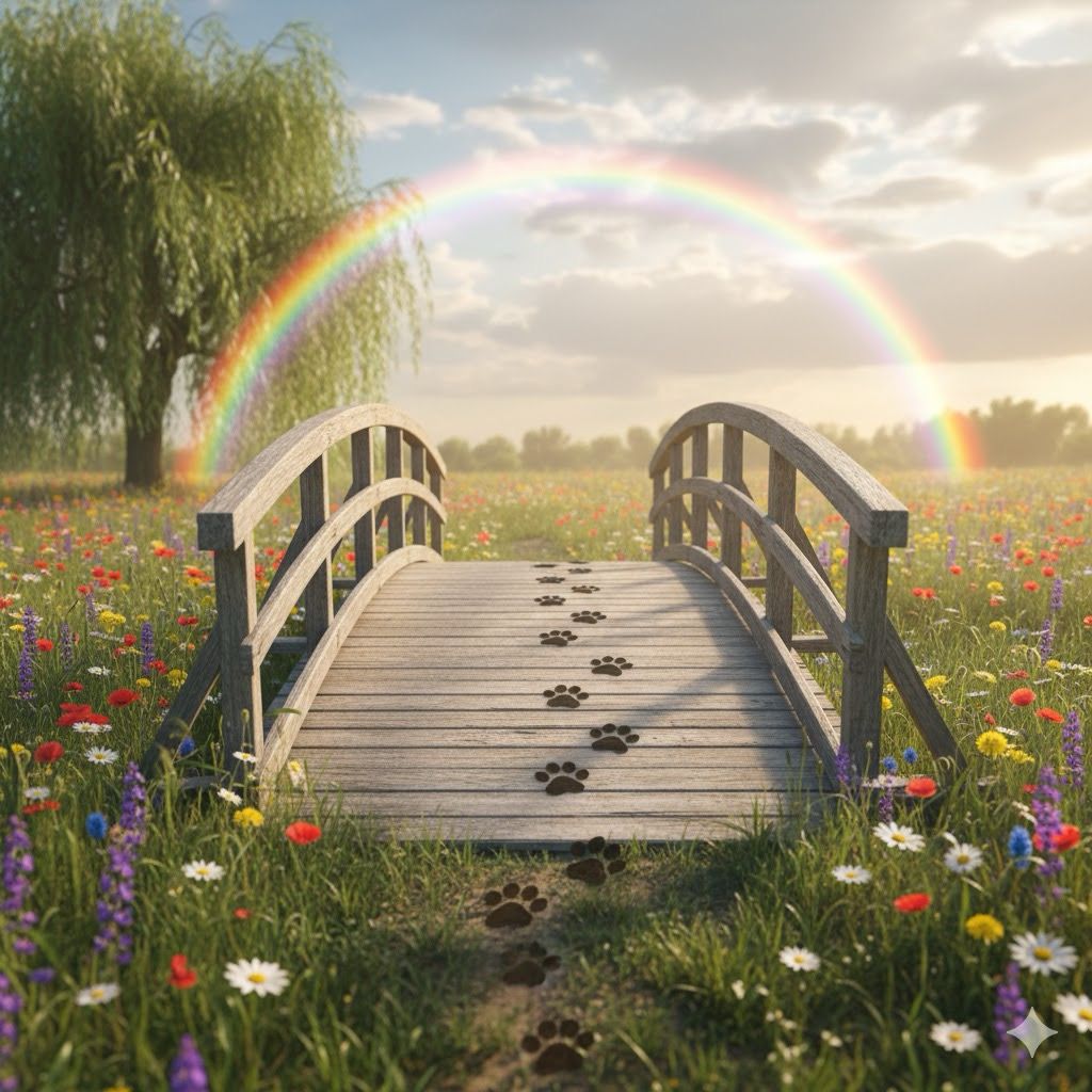A wooden footbridge with paw prints leads to a vibrant rainbow arch over a dreamy landscape with wildflowers.