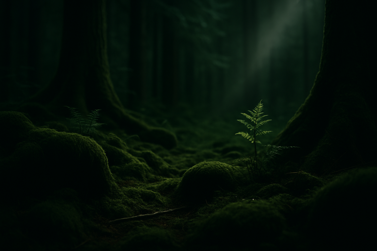 Mossy interior alongside tall spruce trees