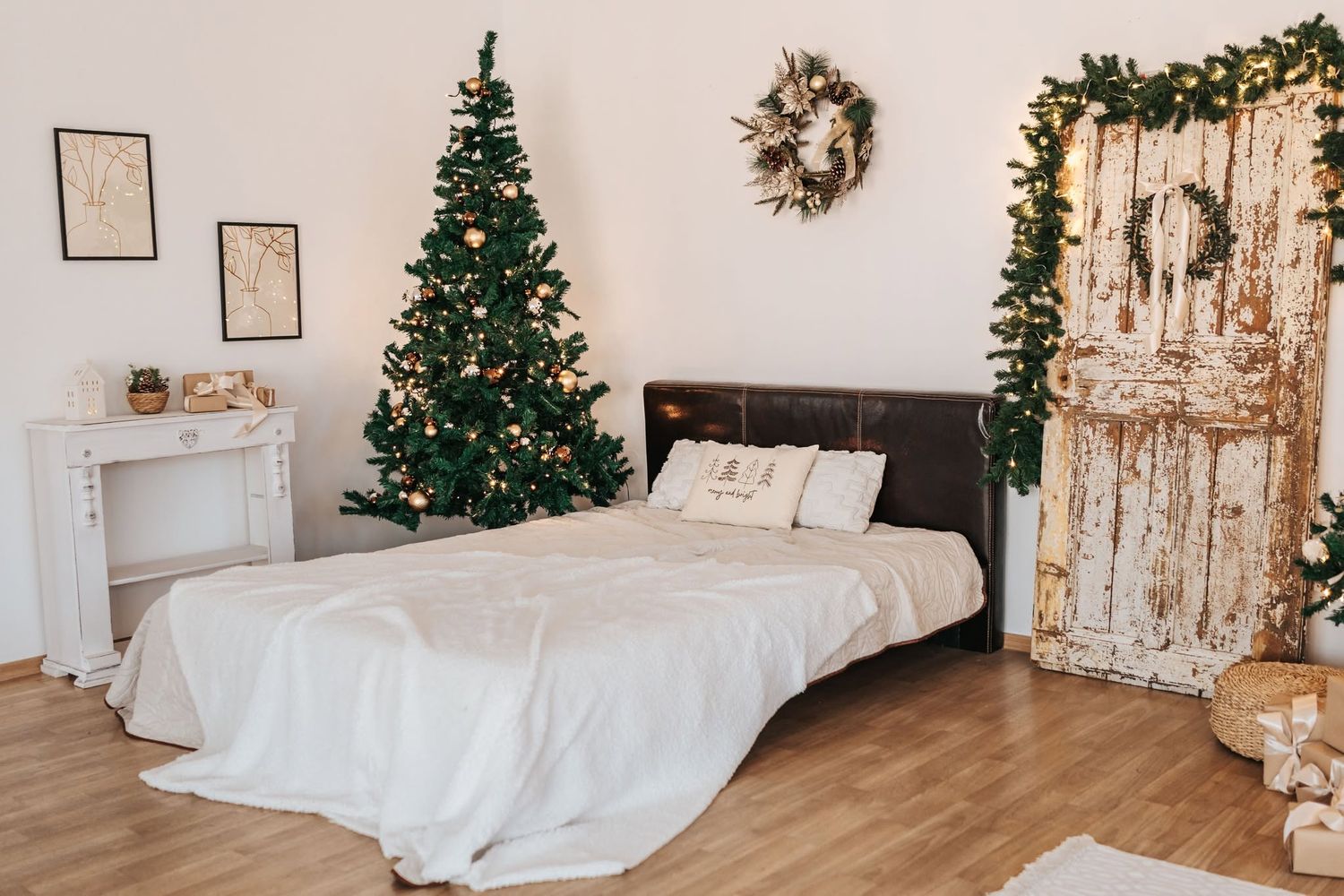 Rustic wooden backdrop with woven baskets and white pillows creating a cozy seating arrangement with twinkle lights.