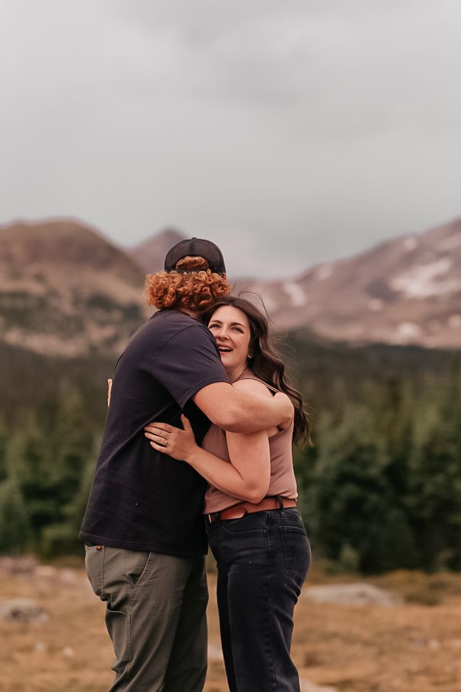 A series of candid outdoor portraits at sunset with mountains in the background.